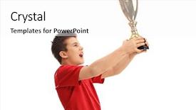  Presentation with award trophy for champion - Presentation theme enhanced with athletic award - joyful junior athlete lifting background and a white colored foreground