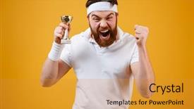  Presentation with reward - PPT theme featuring athletic award - picture of emotional young sportsman background and a gold colored foreground