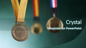  Presentation with award - PPT theme featuring athletic award - selective focus on the medal background and a tawny brown colored foreground