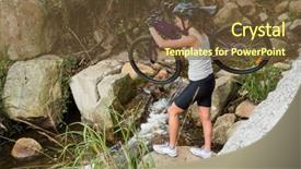  Presentation with mountain stream - PPT theme enhanced with athletic brunette carrying her mountain bike over stream in the nature background and a tawny brown colored foreground
