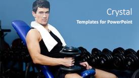  Presentation with weight - Cool new PPT theme with athletic man in sportswear rests holding a weight in the hand against a set of dumbbells backdrop and a teal colored foreground
