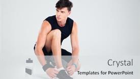  Presentation with tie shoelaces - Cool new slides with athletic man tie shoelaces while looking away isolated on a white background backdrop and a light gray colored foreground