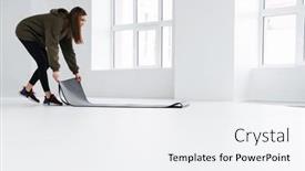  Presentation with fitness - Cool new presentation theme with athletic-pleased-sportswoman-unrolling-fitness backdrop and a white colored foreground