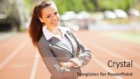  Presentation with race track - PPT theme enhanced with energy service company - businesswoman sport manager and executive background and a  colored foreground