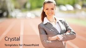  Presentation with race track - Slide set consisting of energy service company - businesswoman sport manager and executive background and a coral colored foreground