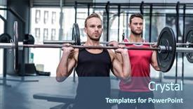  Presentation with crossfit - Presentation theme consisting of athletic trainer - muscular men lifting a barbell background and a ocean colored foreground