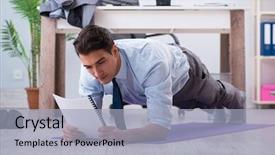  Presentation with sports - Theme enhanced with athletic training - businessman doing sports in office background and a light blue colored foreground