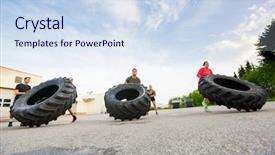  Presentation with tire - Presentation theme enhanced with athletic training - group of young athletes doing background and a sky blue colored foreground