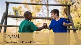  Presentation with obstacle course - PPT theme having athletic training - happy boys cheering during obstacle background and a yellow colored foreground