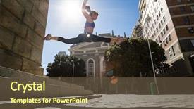  Presentation with stairs - Beautiful theme featuring athletic woman jumping off backdrop and a tawny brown colored foreground