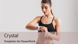  Presentation with photo - PPT theme featuring athletic woman looking at wristwatch background and a mint green colored foreground