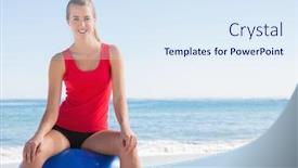  Presentation with beach ball - PPT layouts consisting of athletic woman sitting on exercise ball looking at camera on the beach background and a sky blue colored foreground