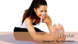  Presentation with forward - Presentation enhanced with athletic woman smiling while she stretches forward part of a collection of yoga poses by a fit active hispanic woman sit-up pose background and a coral colored foreground