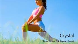  Presentation with complete - Presentation having athletic woman working out in a meadow from a complete series of photos background and a light blue colored foreground