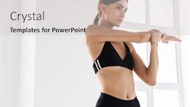  Presentation with stretching - Presentation theme having athletic-young-sportswoman-stretching background and a light gray colored foreground
