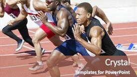  Presentation with athletics - Audience pleasing slides consisting of athletics sprinting on running track backdrop and a coral colored foreground