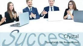  Presentation with round table - Slide deck featuring aths - business team sitting at athe background and a sky blue colored foreground