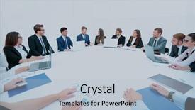  Presentation with round table - Audience pleasing slides consisting of aths - business team sitting at athe backdrop and a light blue colored foreground