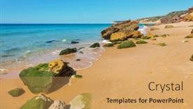  Presentation with clear water - Presentation with atlantic-coast-with-stones-sand background and a yellow colored foreground