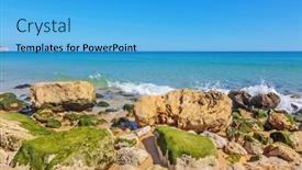  Presentation with clear water - Theme having atlantic-coast-with-stones-sand background and a teal colored foreground