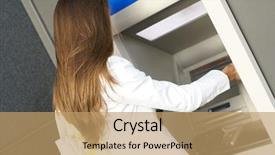  Presentation with atm - Presentation theme having atm machine - young attractive businesswoman taking off background and a coral colored foreground