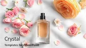  Presentation with perfume - Audience pleasing PPT theme consisting of atom - bottle of perfume with flowers backdrop and a lemonade colored foreground