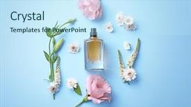  Presentation with perfume - Slide set enhanced with atom - bottle of perfume with flowers background and a sky blue colored foreground