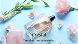  Presentation with perfume - Theme having atom - bottle of perfume with flowers background and a light blue colored foreground
