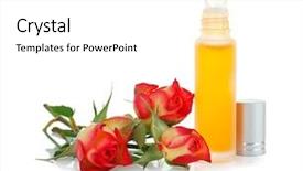  Presentation with perfume - Audience pleasing PPT theme consisting of atom - bottle with perfume and rosebuds backdrop and a white colored foreground