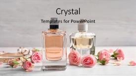  Presentation with perfume - Audience pleasing slide set consisting of atom - bottles of perfume with flowers backdrop and a light gray colored foreground
