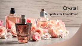  Presentation with perfume - Colorful slide deck enhanced with atom - bottles of perfume with flowers backdrop and a mint green colored foreground