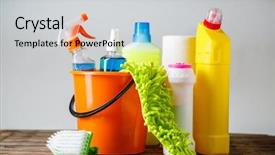  Presentation with light - Amazing PPT theme having atom - bucket with cleaning items backdrop and a light gray colored foreground