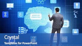  Presentation with quantum computing - Cool new theme with atom - businessman pressing virtual button backdrop and a ocean colored foreground