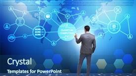  Presentation with quantum - Presentation theme featuring atom - businessman pressing virtual button background and a ocean colored foreground