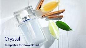  Presentation with perfume - Colorful presentation enhanced with atom - composition with modern male perfume backdrop and a sky blue colored foreground