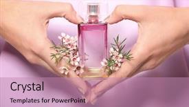  Presentation with perfume - Beautiful slide deck featuring atom - hands of young woman backdrop and a coral colored foreground