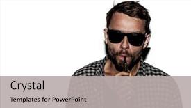  Presentation with cigarette - Amazing slide deck having atom - man smoking e-cigarette wearing sunglasses backdrop and a light gray colored foreground