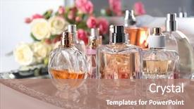  Presentation with perfume - PPT layouts featuring atom - metal tray with perfume bottles background and a coral colored foreground
