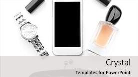  Presentation with cosmetic - Slide deck having atom - perfume bottle with cosmetic bag background and a light gray colored foreground