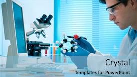  Presentation with laboratory - PPT layouts enhanced with atom - scientist working at the laboratory background and a light blue colored foreground