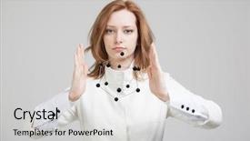  Presentation with crystal lattice - Theme with atom - woman scientist holding model background and a light gray colored foreground