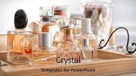  Presentation with wooden board empty table top - Colorful slides enhanced with atom - wooden tray with perfume bottles backdrop and a coral colored foreground