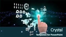  Presentation with global - Slide deck with atomic 3d - businessman touching invisible screen background and a  colored foreground