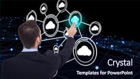  Presentation with fingers - Cool new slide deck with atomic structure - businessman in suit pointing these backdrop and a wine colored foreground