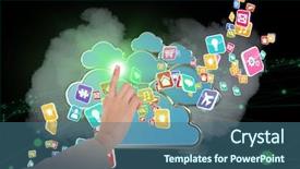  Presentation with bacteria colourful 3d - Cool new PPT theme with atomic structure - businesswoman pointing against colourful computer backdrop and a ocean colored foreground