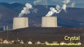  Presentation with plant structure - Presentation with atomic structure - power plant cooling tower behind background and a tawny brown colored foreground