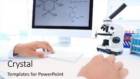  Presentation with microscope - Beautiful slide deck featuring atomic structure - scientist uses a computer backdrop and a lemonade colored foreground