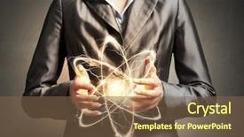  Presentation with atom - Amazing PPT theme having atomic structure - woman scientist presenting atom research backdrop and a tawny brown colored foreground