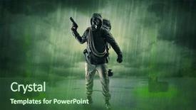  Presentation with outer space for kids - Presentation theme with atomic weapons - masked unrecognizable guard background and a  colored foreground