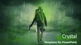  Presentation with dark blue world globe space - Presentation consisting of atomic weapons - masked unrecognizable guard background and a  colored foreground